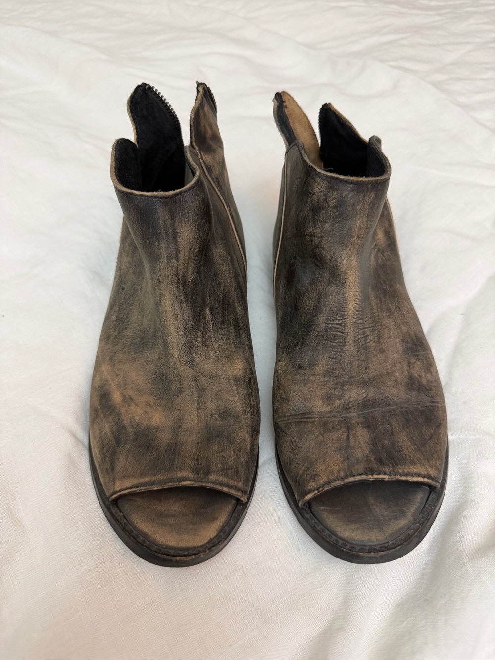 Free People Open-Toe Leather Boot in Distressed Black/ brown Leather